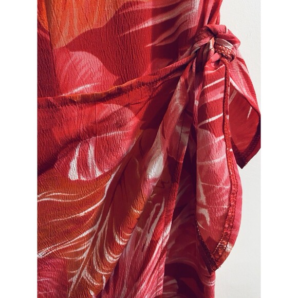 R K Originals Dress 10P Petites Red Pink Faux Wrap Tropical Floral Sleeveless - Picture 2 of 16